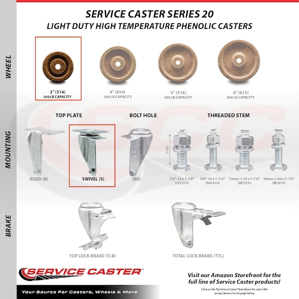 3 Inch High Temp Phenolic Wheel Swivel Top Plate Caster Set